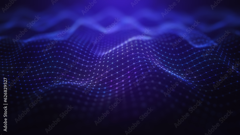 Aufkleber Purple color particles wave flowing with lines and dots connection, Digital cyberspace is futuristic, Technology blockchain network abstract background, 3d rendering