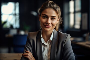 Smiling young attractive female business person in modern office. 