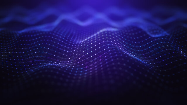 Purple color particles wave flowing with lines and dots connection, Digital cyberspace is futuristic, Technology blockchain network abstract background, 3d rendering