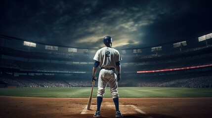 Generative AI, Professional baseball player holding bat on sport stadium - obrazy, fototapety, plakaty