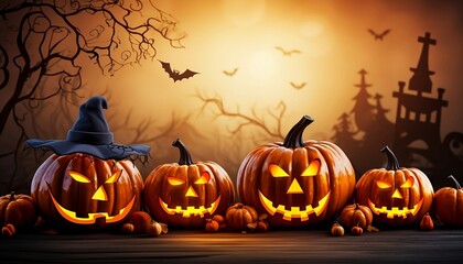 Halloween Pumpkins Jack O’ Lanterns In Spooky Forest background, generative AI