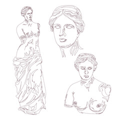Fototapeta na wymiar Venus de Milo Greek sculpture sketch vector illustration set. One line portrait of a woman on a white background.