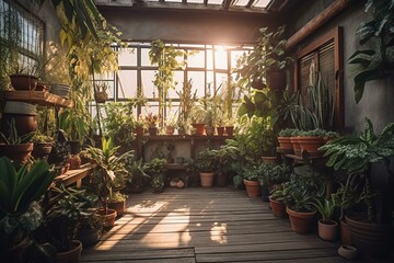Fototapeta na wymiar Beautiful home garden interior filled with stylishly arranged plants in different design pots. Home gardening concept with a jungle-like ambiance and ample space for creativity. Generative AI
