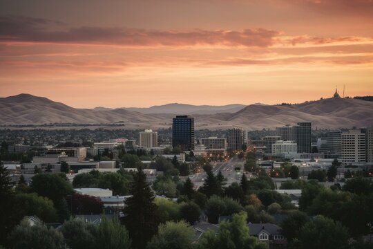 City of Boise's dawn skyline with some traffic movement. Generative AI