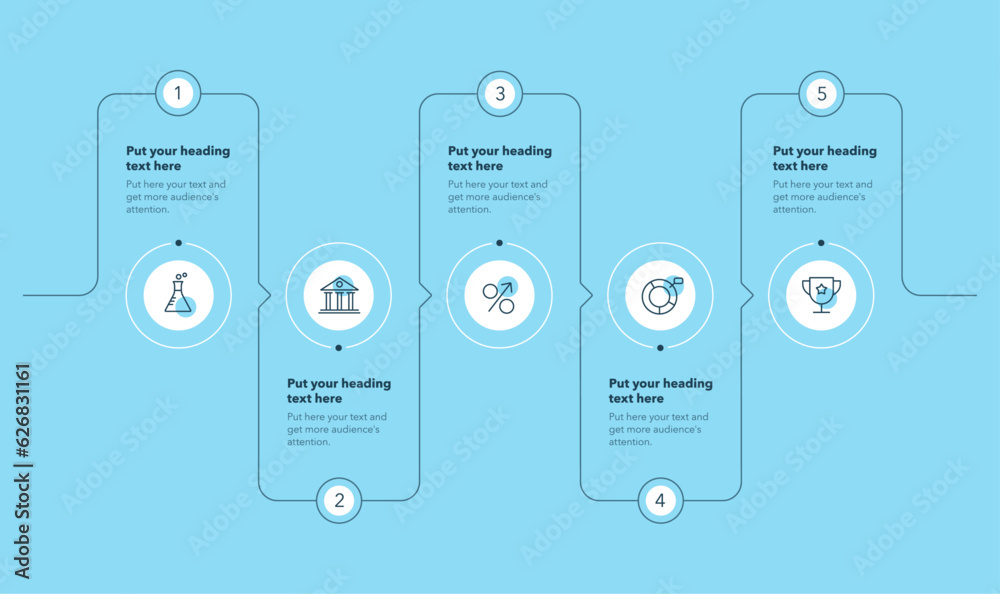 Aufkleber Horizontal circular process template with five steps - blue version. Simple flat diagram for project data visualization.
