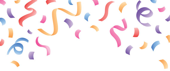 Colorful ribbon falling from above background vector. Abstract vibrant ribbon and confetti streamers template design. Celebration festival wallpaper design for opening, party, birthday, backdrop.