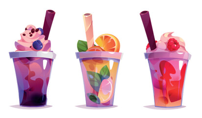 Milk drink, bubble tea and ice coffee. Cute plastic cups with cold beverages with fruit, juice, chocolate, tapioca and cream for summer cafe menu, vector cartoon set