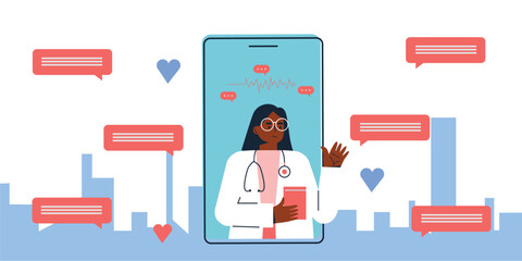  Family Doctor on Smartphone. Physician Discusses Medical Exam Results and Healthy Lifestyle.