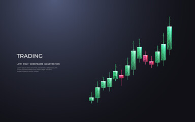 Japanese candlesticks consist of connected dots, lines on dark gray background. Stock market and investment concepts. Low poly wireframe vector illustration with 3D effect. 