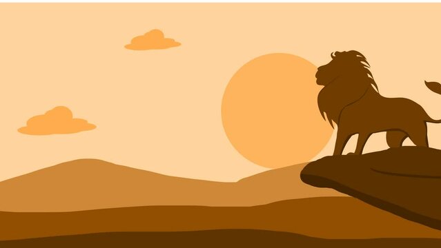 A jungle king or lion standing on the edge of a hill at sunrise in a barren desert, 4k, 2d animation, animation background