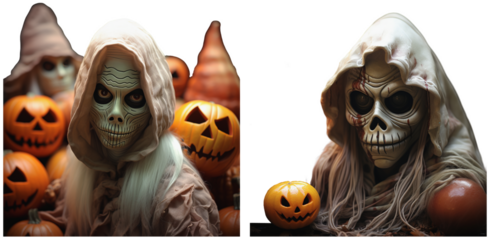 Halloween topic, spooky and masked ghosts with big pumpkins on a transparent background, Generative AI