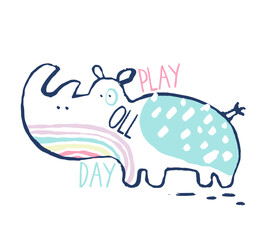 Summer rhinoceros tropical t-shirt print. Beach vacation kids design, savannah nursery poster.