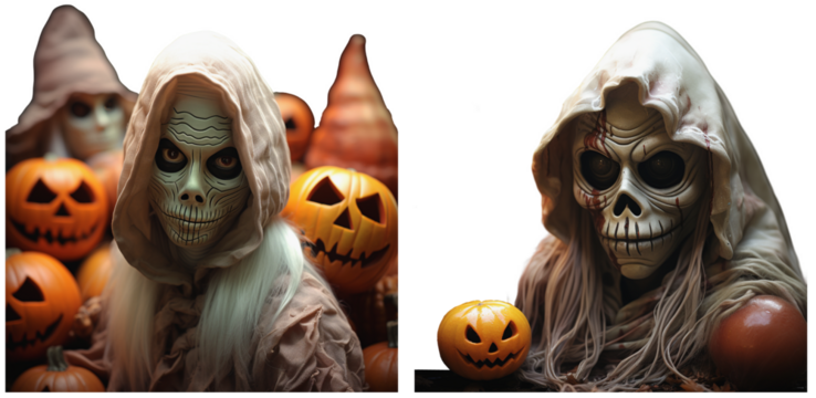 Halloween topic, spooky and masked ghosts with big pumpkins on a transparent background, Generative AI