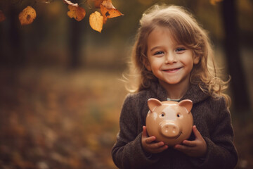 Happy little girl with a piggy bank and autumn background with a place for text - obrazy, fototapety, plakaty