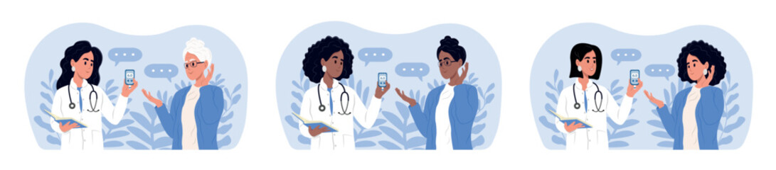 A smiling female doctor measures a woman's sugar level with a glucometer. World diabetes day banner. Doctors and patients of different races and ages.