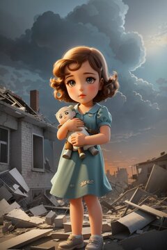 Vintage Cartoon Illustration of a Gorgeous Girl with a Sad Face Holding a Doll, Gazing at a Smokey Sky and Destroyed Buildings, 1940's Theme