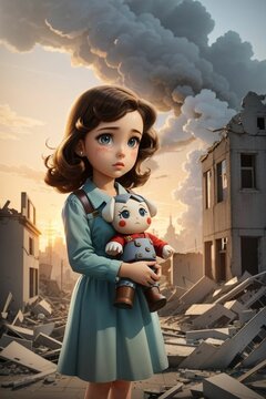 Vintage Cartoon Illustration of a Gorgeous Girl with a Sad Face Holding a Doll, Gazing at a Smokey Sky and Destroyed Buildings, 1940's Theme