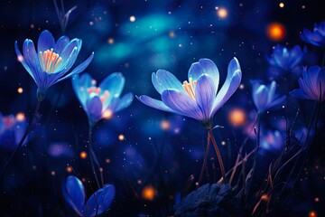 Mystery of Blooming Crocus Flowers on Dark Blue Galaxy Background. Ethereal and Glowing Cosmic Floral Art for Universe-Themed Designs. Generative AI