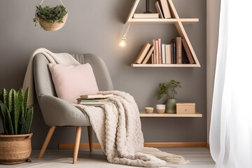 Cozy reading nook with an empty wall and a floating bookshelf with a small stack of books. Generative AI