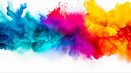 Explosive Holi Celebration: Colorful Rainbow Powder Isolated on White Panorama Background: Generative AI