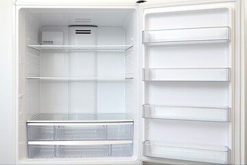 Empty Refrigerator for Weight Loss Diet Concept. Fresh and Clean Open White Fridge with Shelves - Closeup. Generative AI