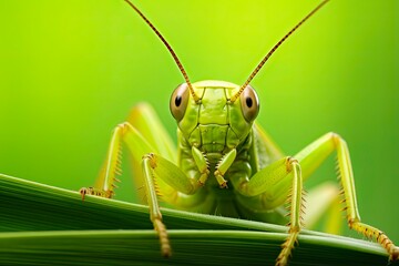 Detail of a Green Grasshopper: Close-Up Shot of Insect on Grass: Generative AI