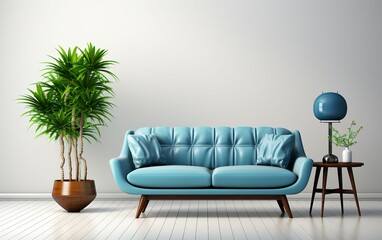 Stylish premium living room interior with comfortable blue sofa