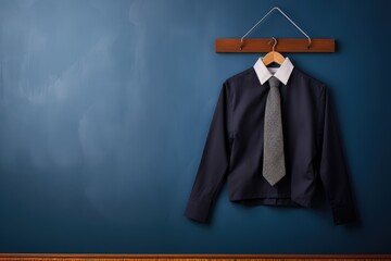 blue shirt on wooden hanger, blue background, Generative AI