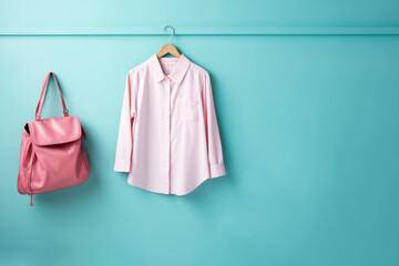 school shirt and backpack on a hanger on a blue background, Generative AI