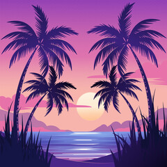 Fototapeta na wymiar Vector illustration in flat cartoon style. Banner with romantic summer seascape, tropical palm trees on sunset background.
