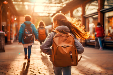 Fototapeta Vista trasera de una niña con mochila escolar caminando hacia la vuelta del colegio. Concepto de educación y regreso a la escuela. obraz