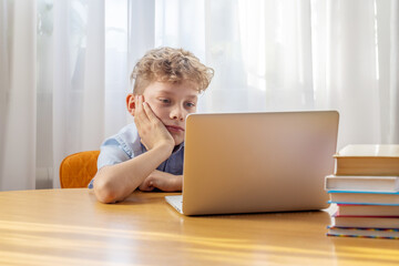 Thoughtful schoolboy studying online