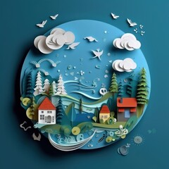House in the forest, Ecology and world water day Saving. Paper art