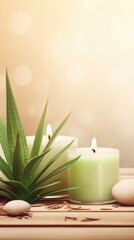 Obraz na płótnie Canvas Spa concept. Candles on a blurred background. Decor from natural stems of aloe