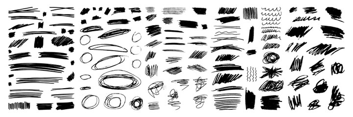Vector set of grungy graphic elements. Street art texture hand drawn pencil underlines and strikethrough, scribble emphasis lines, crazy hatches, ovals and crosses. Each element is united and isolated - obrazy, fototapety, plakaty