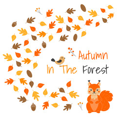 Vector illustration with cute squirrel, bird and leaf fall in cartoon style. Forest animals and plants. Autumn in the forest.