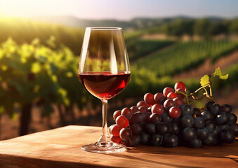 Glass of red wine with grapes on table in vineyard during warm summer evening.AI Generative