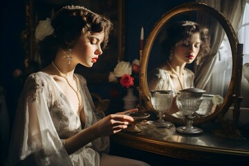 A beautiful and intimate photo of a bride holding a mirror and applying lipstick, preparing for her special moment. - obrazy, fototapety, plakaty
