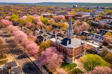 Aerial View of Historic Downtown Lancaster, PA with Blooming Trees - Architecture, Church, and City Landscape: Generative AI