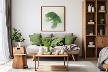 Bright and Cozy Grey Lounge Interior with Green Cushions, Wooden Coffee Table and Cupboard of Books in a Serene Sitting Room: Generative AI
