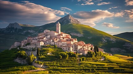 Castel del Monte, Idyllic Italian Village in the Picturesque Hillside of Abruzzo Mountains, Italy: Generative AI - obrazy, fototapety, plakaty