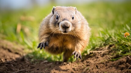 Naklejka na ściany i meble Closeup of Groundhog Sprinting Across Field with Nature and Tree Backdrop - Wildlife Animal Running. Generative AI