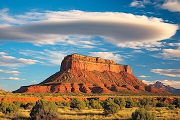 Controversial Bears Ears Buttes Towering over Majestic Landscape with Breathtaking Sky and Clouds - National Landmark for Nature Travelers: Generative AI - obrazy, fototapety, plakaty