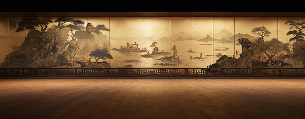 Traditionelle asiatische Wandmalerei mit warmer goldener Farbe, 7, generative AI