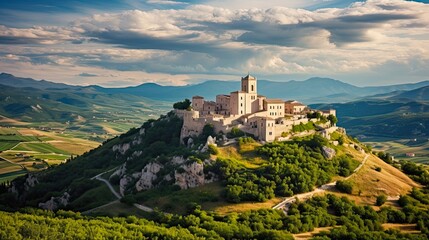Discovering the Beauty of Castel del Monte: Idyllic Italian Village in L'Aquila, Abruzzo, surrounded by Majestic Mountains: Generative AI