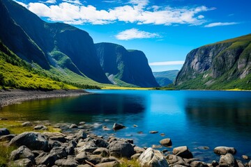 Discovering the Natural Wonders of Gros Morne National Park: Mountain, Lake, and Sea Landscape with Blue Skies and Natural Beauty in Norway: Generative AI - obrazy, fototapety, plakaty