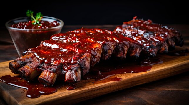 Grilled and Smoked Barbeque Pork Ribs with Deliciously Saucy Glaze on Wood Carving Board: Generative AI