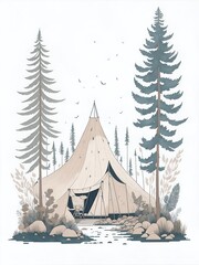 Art of scouts camp in highland forest. AI generated illustration