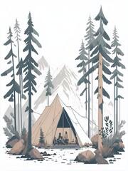 Art of scouts camp in highland forest. AI generated illustration