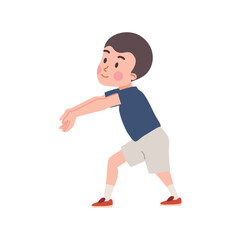 Fototapeta na wymiar Cute kid boy stands with hands forward to hit ball flat style, vector illustration